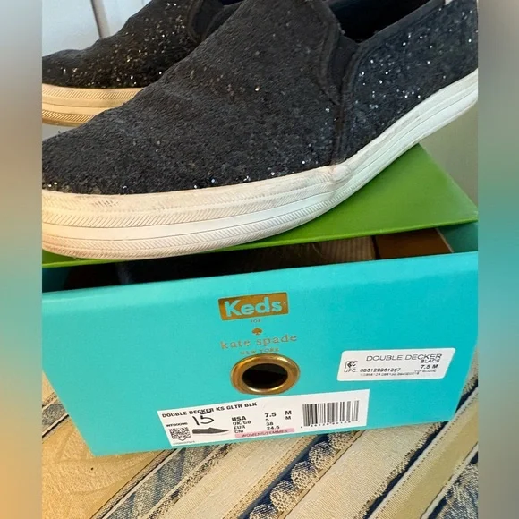 Keds x Kate Spade Women’s Slip On Double Decker Black Glitter Sneakers Size 7.5 - Picture 2 of 8